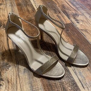 Pelle Moda Crystal and Gold High Heel Sandals Ankle Strap, formal wedding heels